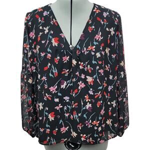 Madewell Floral V-Neck Blouse - Black and Multicolor